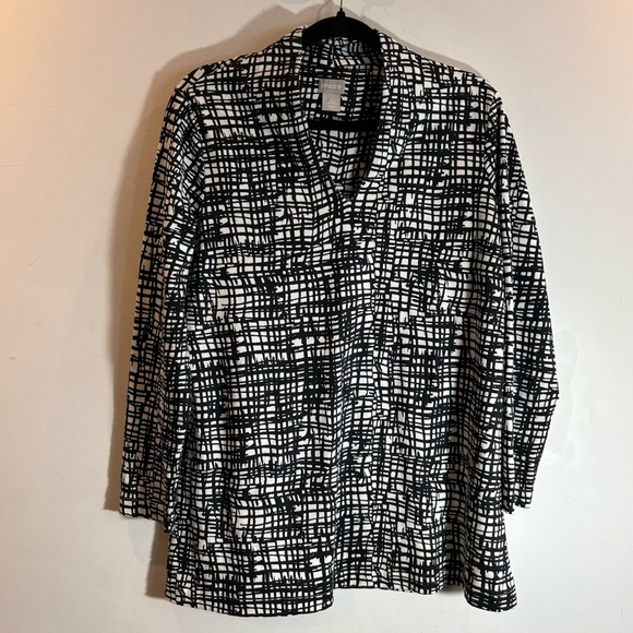 CHICO’S Sz 2 V-Neck Criss-Cross Print 100% Pima  Cotton Made in India Tunic Top - Picture 2 of 7